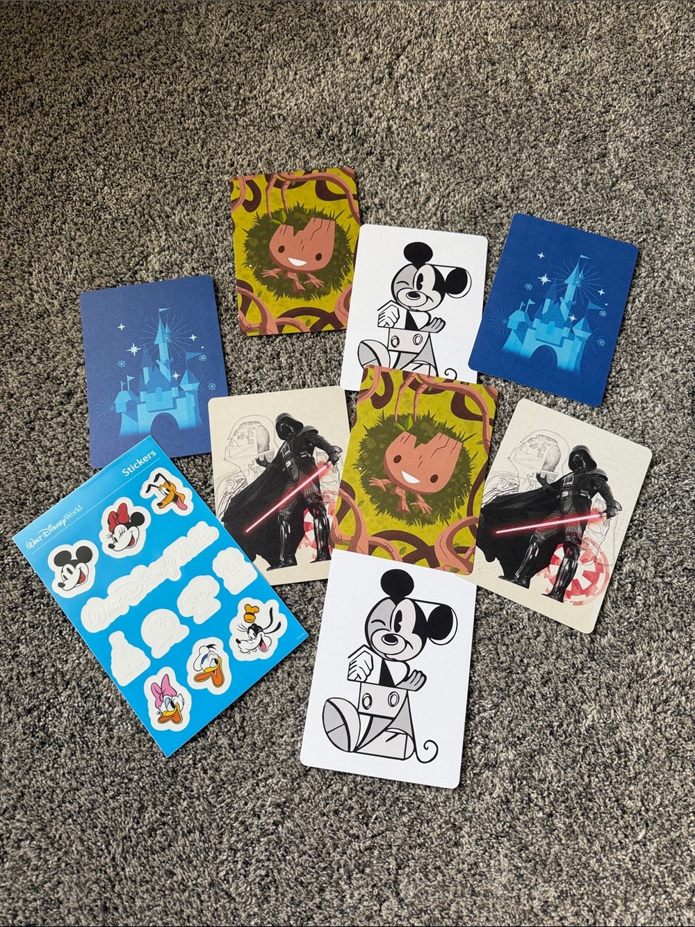 Disney Trading/post Card & Sticker Set - Blue, Yellow, Green, Black and White